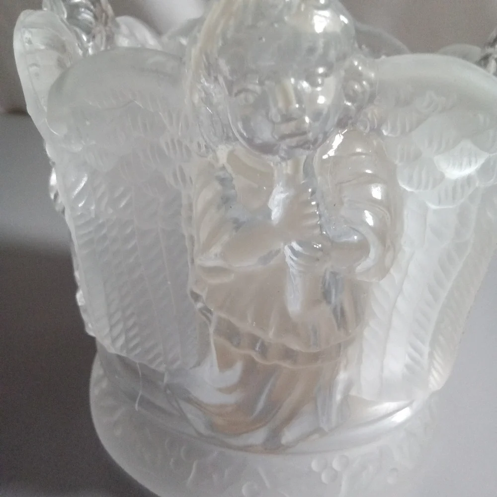 Frosted Glass Musical Angel Votive Candle Holder Cherub Relief 4.5 Inch